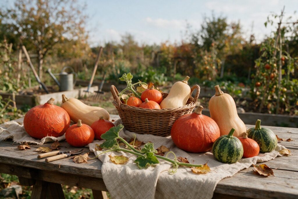 Frisch geerntete Kürbisse – Hokkaido und Butternut – auf einem rustikalen Holztisch im Garten