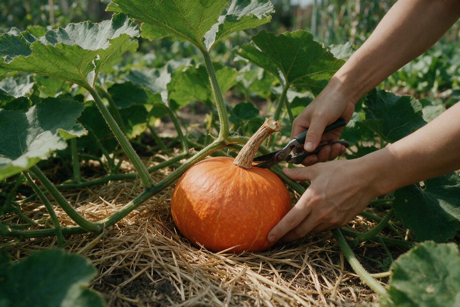 Hokkaido-Kürbis wird mit der Gartenschere geerntet, ein langer verholzter Stiel bleibt an der Frucht