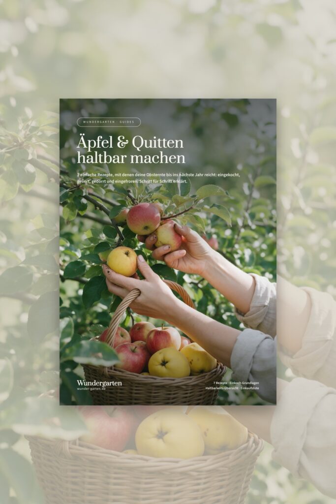 Der Guide Äpfel & Quitten haltbar machen vor einem Apfelbaum mit Erntekorb