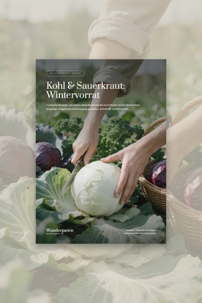 Der Guide Kohl & Sauerkraut: Wintervorrat vor einem Gemüsebeet mit Weißkohl und Rotkohl