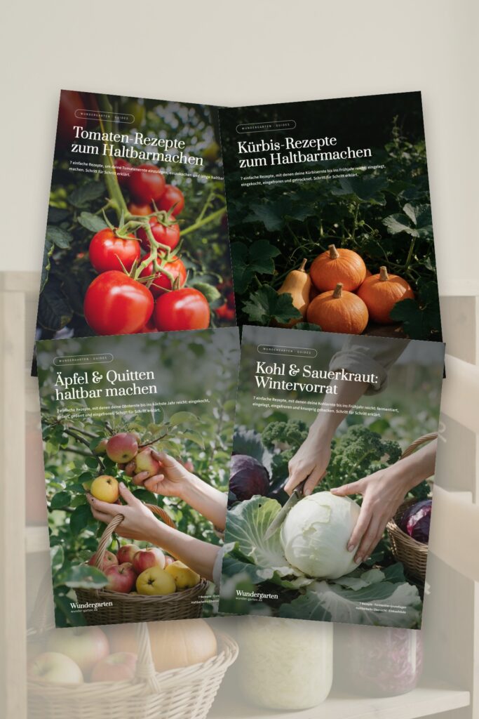 Die vier Rezept-Guides des Vorratskammer-Pakets vor einem Vorratsregal mit Einmachgläsern